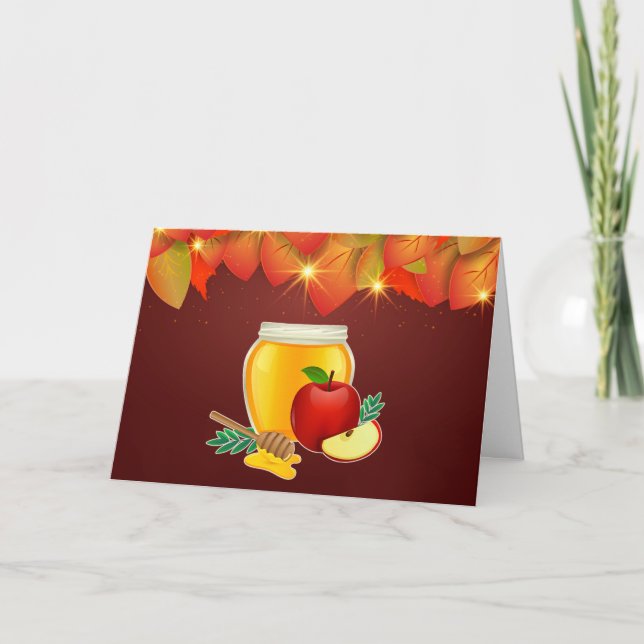 Rosh Hashanah Autumn Leaves, Honey, Apples Holiday Card (Front)