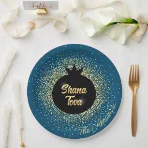 Rosh Hashanah Blue Black-Gold Sparkly Pomegranate Paper Plate