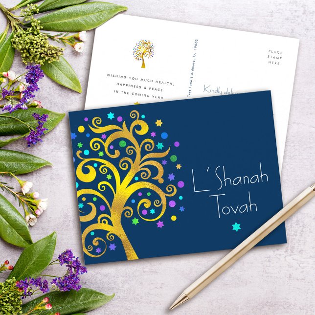 Rosh Hashanah Blue Gold Foil Tree of Life on Navy Holiday Postcard (Choose from 4 color combos!)