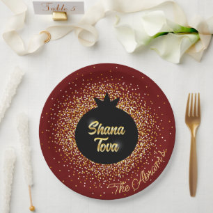 Rosh Hashanah D Red Black-Gold Sparkly Pomegranate Paper Plate