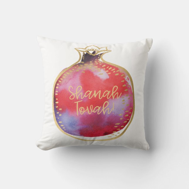 Rosh Hashanah Decor Shana Tova Pomegranate White Throw Pillow (Front)