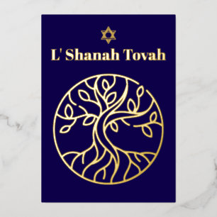 Rosh Hashanah Gold Foil Tree of Life Blue Holiday Card