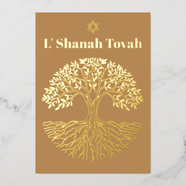 Rosh Hashanah Gold Foil Tree of Life Brown Foil Holiday Card (Front)