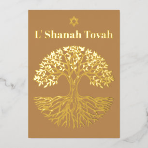 Rosh Hashanah Gold Foil Tree of Life Brown Holiday Card