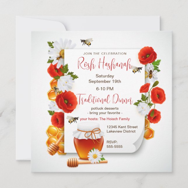 Rosh Hashanah Honey and Red Poppies Invitation (Front)
