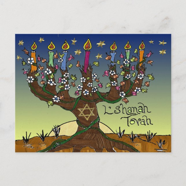 Rosh Hashanah L'Shanah Tovah Tree Of Life Menorah Holiday Postcard (Front)