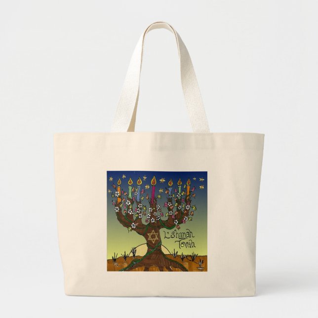 Rosh Hashanah L'Shanah Tovah Tree Of Life Menorah Large Tote Bag (Front)