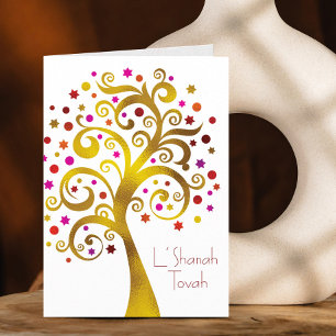 Rosh Hashanah Modern Gold & Red Foil Tree of Life Card