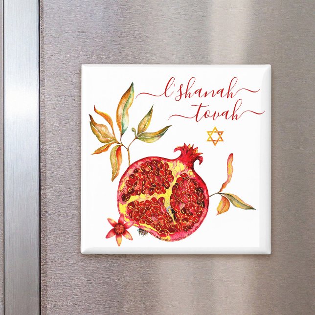 Rosh Hashanah Red Gold Pomegranate Watercolor Chic Magnet (Creator Uploaded)