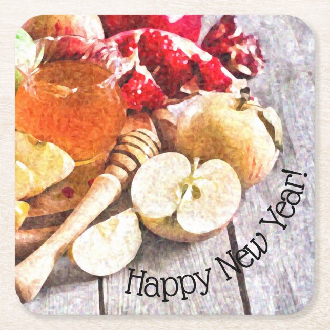 Rosh Hashanah Rustic Apples and Honey New Year Square Paper Coaster (Front)