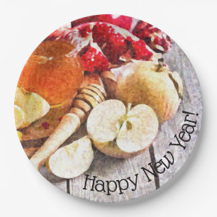 Rosh Hashanah Rustic Artwork of Apples and Honey Paper Plate