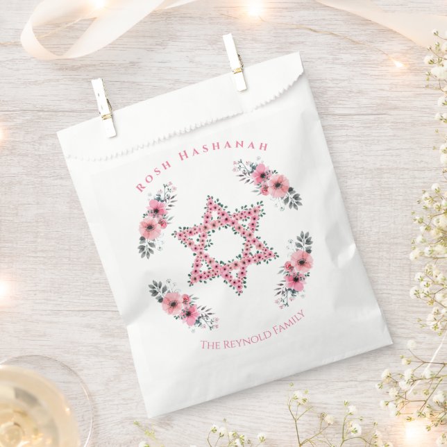 Rosh Hashanah Star of David Pink Flower White Favour Bag (Clipped)