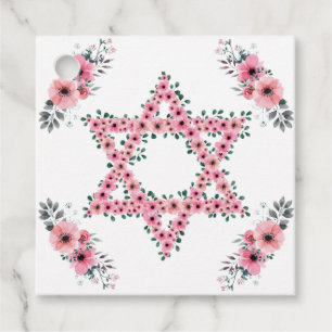 Rosh Hashanah Star of David Pink Flower White Favour Tags