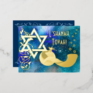 Rosh Hashanah Star Shofar Blue Real Gold Foil Card