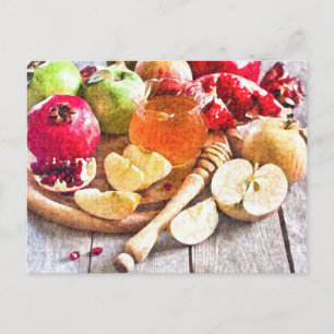 Rosh Hashanah Watercolor Apples and Honey Postcard