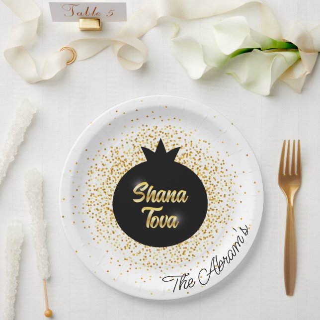 Rosh Hashanah White Black-Gold Sparkly Pomegranate Paper Plate (Wedding)
