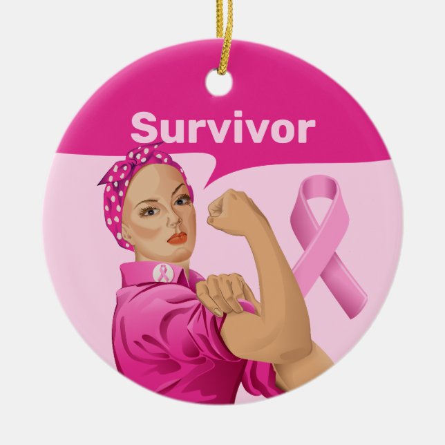 Rosie the Riveter Breast Cancer Awareness Ceramic Ornament (Front)