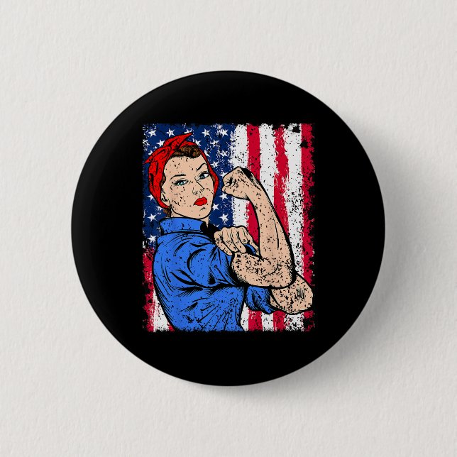 Rosie The Riveter Feminist Patriotic Usa Flag 4th  2 Inch Round Button (Front)