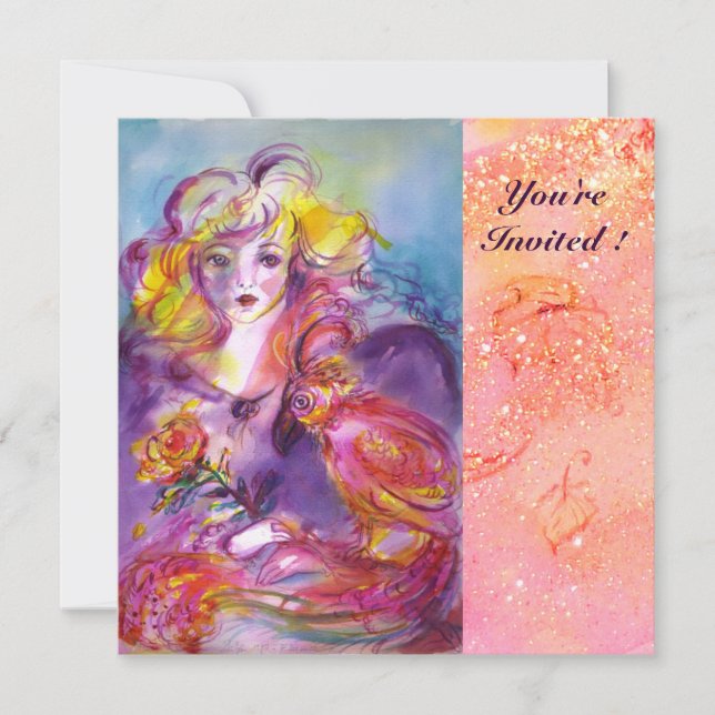 ROSINA / LADY ,ROSE AND PARROT Pink Bridal Shower Invitation (Front)
