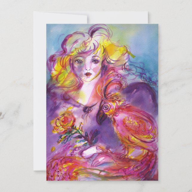 ROSINA / ROMANTIC LADY,ROSE AND PARROT Pink Blue Invitation (Front)