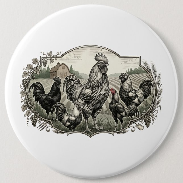 Roster in the farm 6 inch round button (Front)