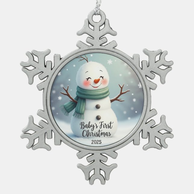 rosty Snuggles – Baby’s First Christmas 2025 Snowflake Pewter Christmas Ornament (Front)