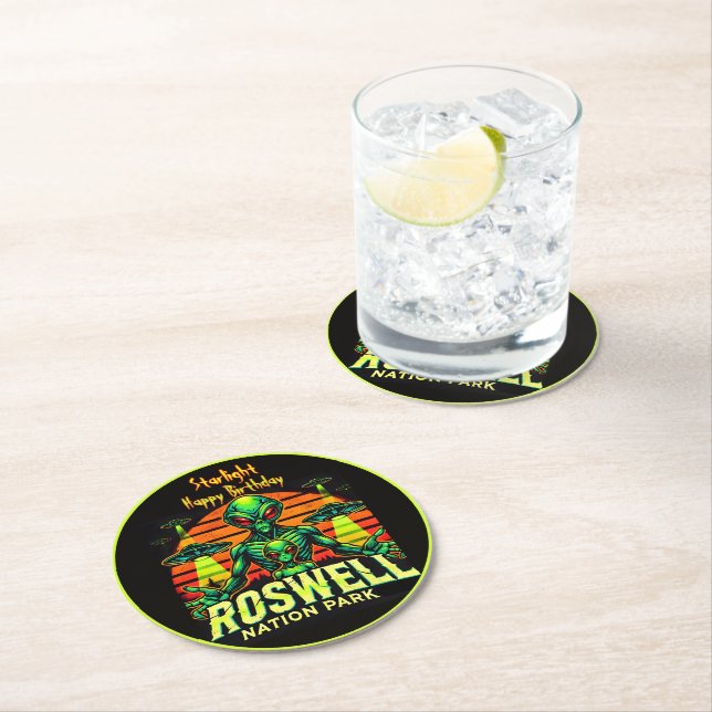 Roswell’s Cosmic Getaway Awaits You! Round Paper Coaster (Insitu)