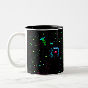 Roswell Spacewalk Wormhole - Teal UFO with TEXT  / Two-Tone Coffee Mug