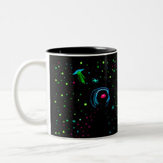 Roswell Spacewalk Wormhole - Teal UFO with TEXT  / Two-Tone Coffee Mug