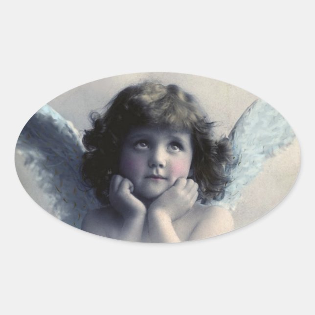 Rosy Cheeked Vintage Angel in Clouds Oval Sticker (Front)