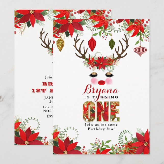 Rosy Cheeks Gold Eyes Floral Reindeer 1ST BIRTHDAY Invitation (Front/Back)
