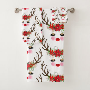 Rosy Cheeks Gold Eyes Floral Reindeer Holiday Bath Towel Set