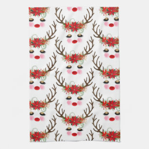 Rosy Cheeks Gold Eyes Floral Reindeer Holiday Kitchen Towel