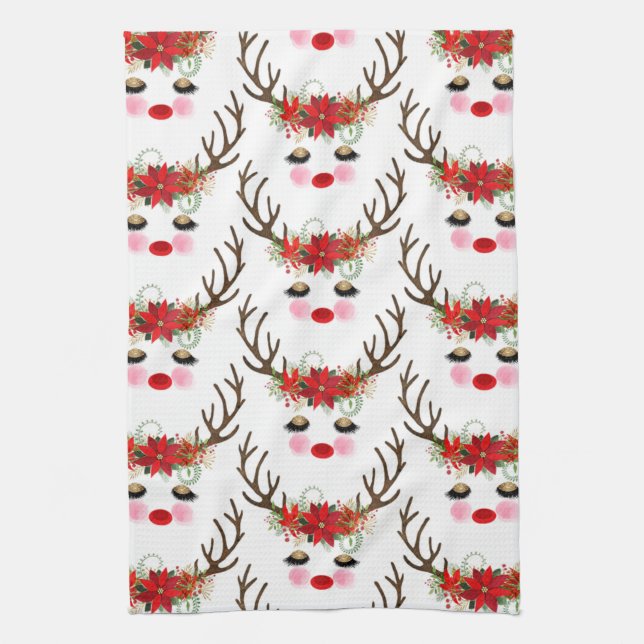 Rosy Cheeks Gold Eyes Floral Reindeer Holiday Kitchen Towel (Vertical)
