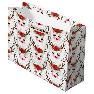 Rosy Cheeks Gold Eyes Floral Reindeer Holiday Large Gift Bag