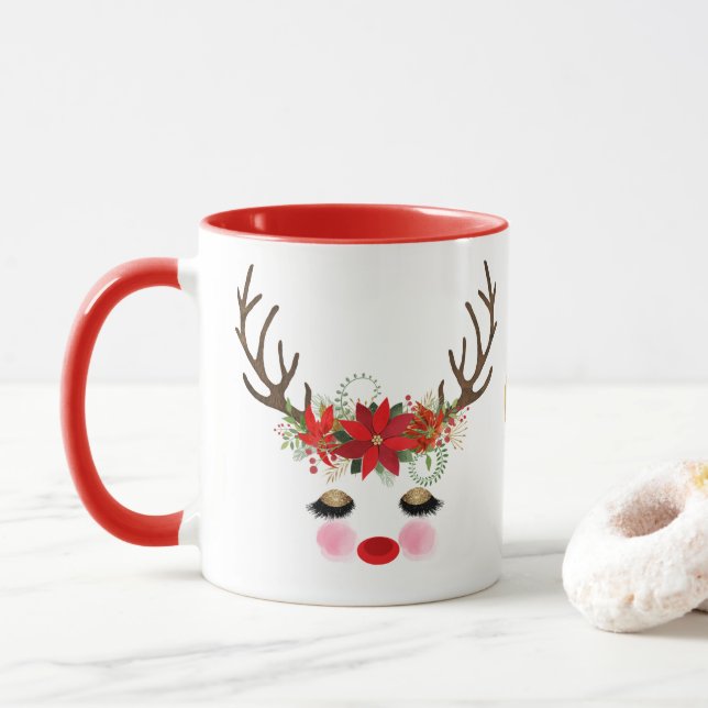 Rosy Cheeks Gold Eyes Floral Reindeer Holiday Mug (With Donut)