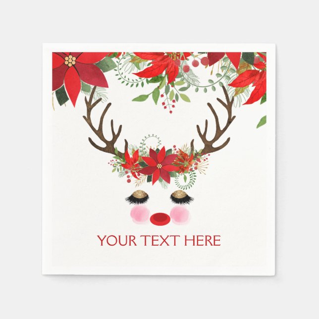 Rosy Cheeks Gold Eyes Floral Reindeer Holiday Napkin (Front)