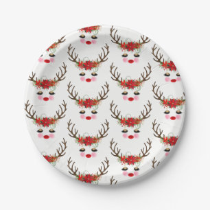 Rosy Cheeks Gold Eyes Floral Reindeer Holiday Paper Plate