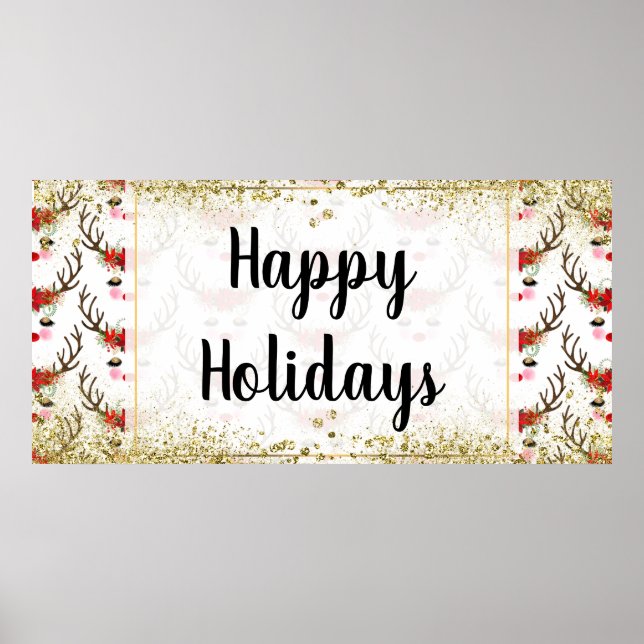 Rosy Cheeks Gold Eyes Floral Reindeer Party Banner Poster (Front)
