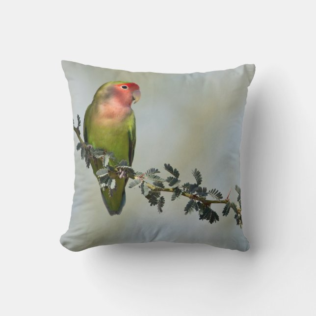Rosy- faced love bird on a branch throw pillow (Front)
