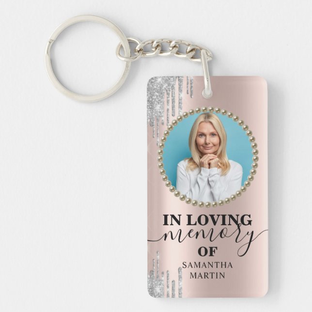 Rosy Gold Glitter Drips Memorial In Loving Memory  Keychain (Front)