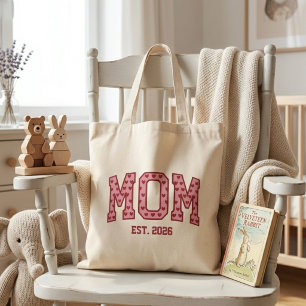 Rosy Heart Mom Est Year Collegiate Lettering  Tote Bag