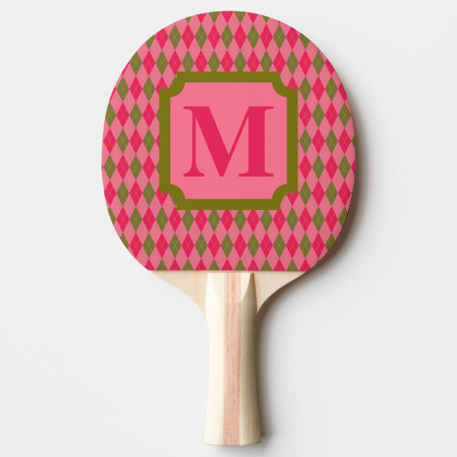 Rosy Pink and Green Argyle Diamond with Monogram Ping Pong Paddle (Front)