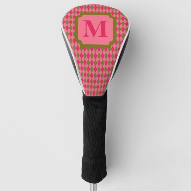 Rosy Pink and Green Diamond Argyle Monogram Golf Head Cover (Front)
