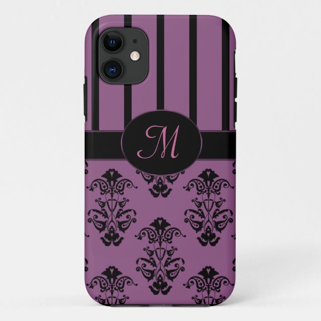 Rosy Pink & Black Baroque Stripes Monogram Case-Mate iPhone Case (Back)