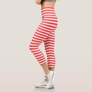 Rosy Red and White Simple Horizontal Striped Capri Leggings