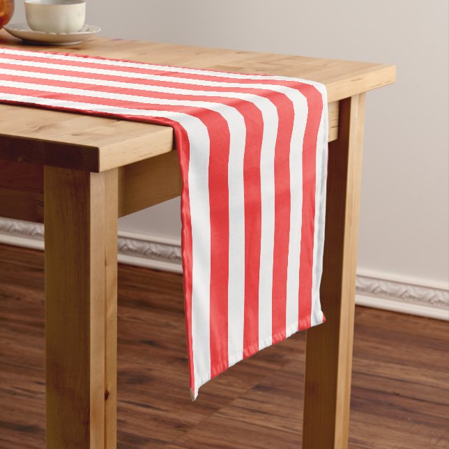Rosy Red and White Simple Horizontal Striped Short Table Runner (In Situ)