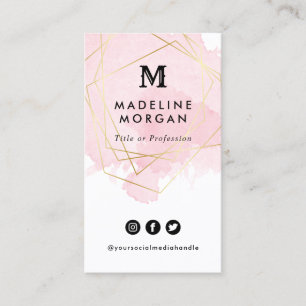 Rosy Watercolor Faux Gold Geometric Social Media Business Card