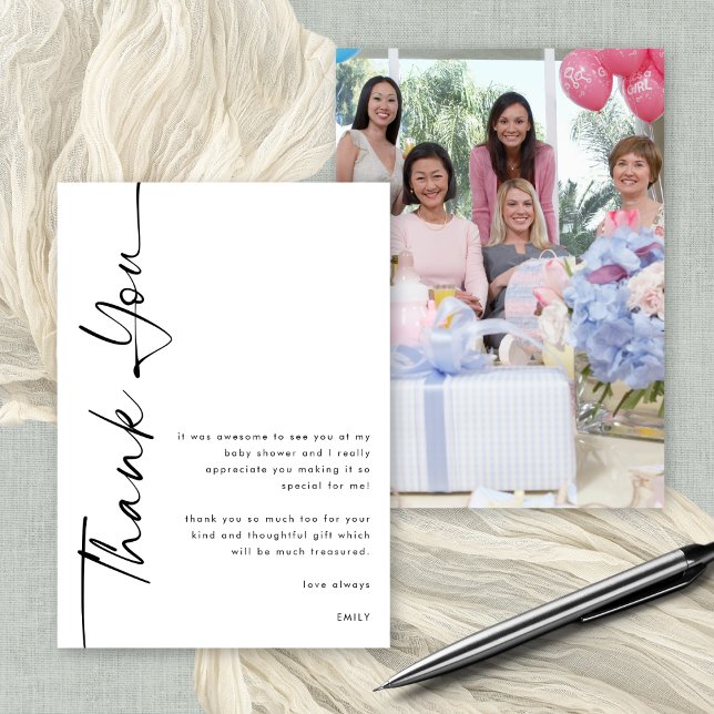 Rotated Black Script Photo Baby Shower Thank You Card (Front and back view. Available digitally or printed. Add your photo on the back)