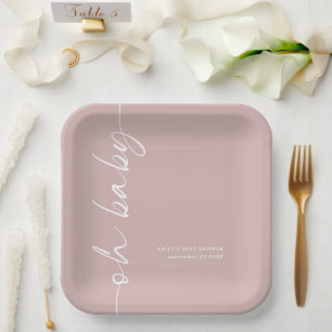 Rotated Calligraphy Name Dusty Rose Oh Baby Shower Paper Plate